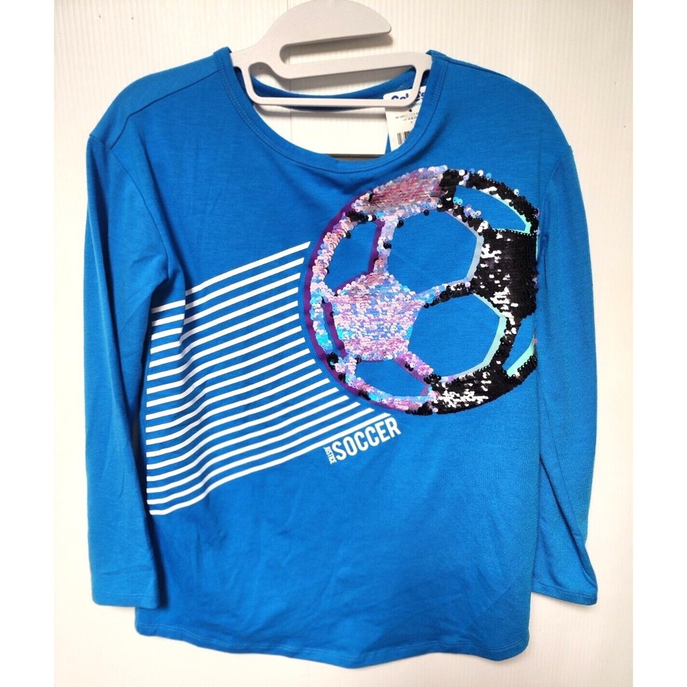 Justice Active Girl's Long Sleeve Blue Top w Sequined Soccer ball Size 10 New